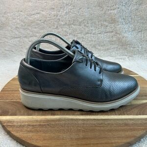Clarks Collection Sharon Crystal Wedge Oxford Shoes Silver Leather Women Sz 8.5M